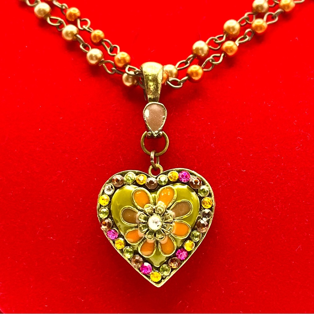 #123 Vintage Heart Locket Pendant Necklace with Rhinestones & Enamel Detail
